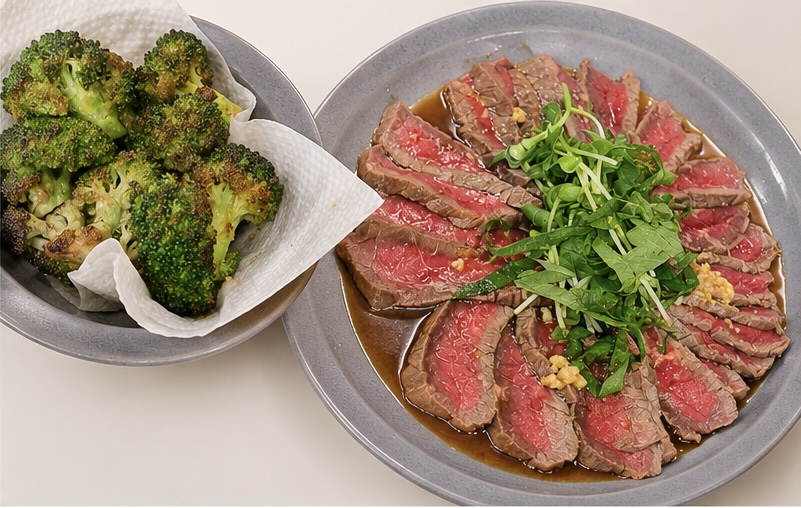 牛肉のたたきとブロッコリーの唐揚げ